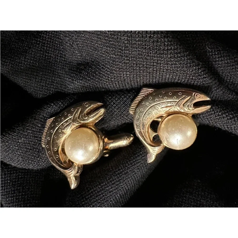 Gold color vintage swank fish ,Dolphin  Cuff links  with Pearls